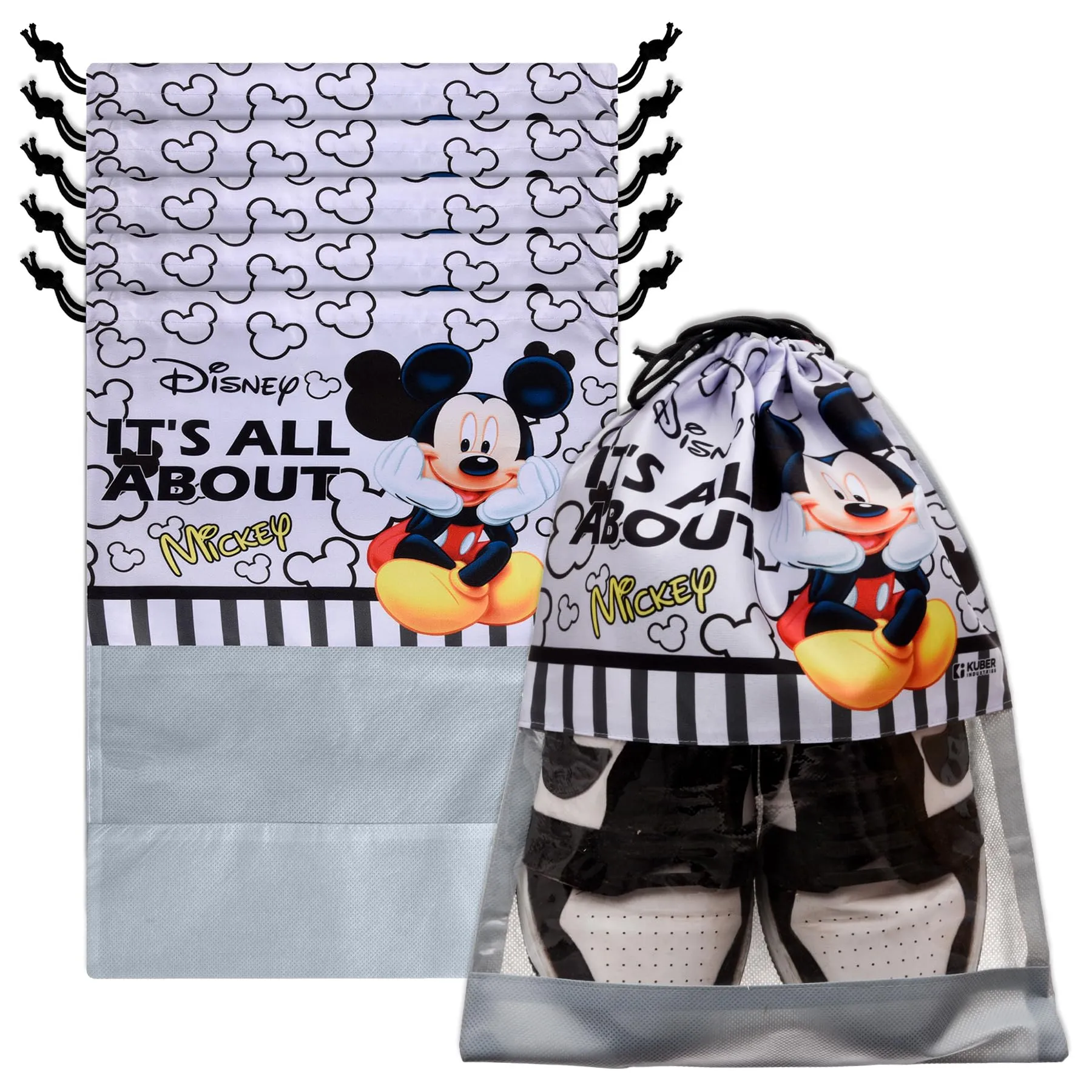 Kuber Industries Disney Mickey Shoe Cover | Travel Shoe Storage Bags | Polyester Storage Bag | Drawstring Shoe Cover | Shoe Organizer with Clear Window | Pack of 6 | Gray