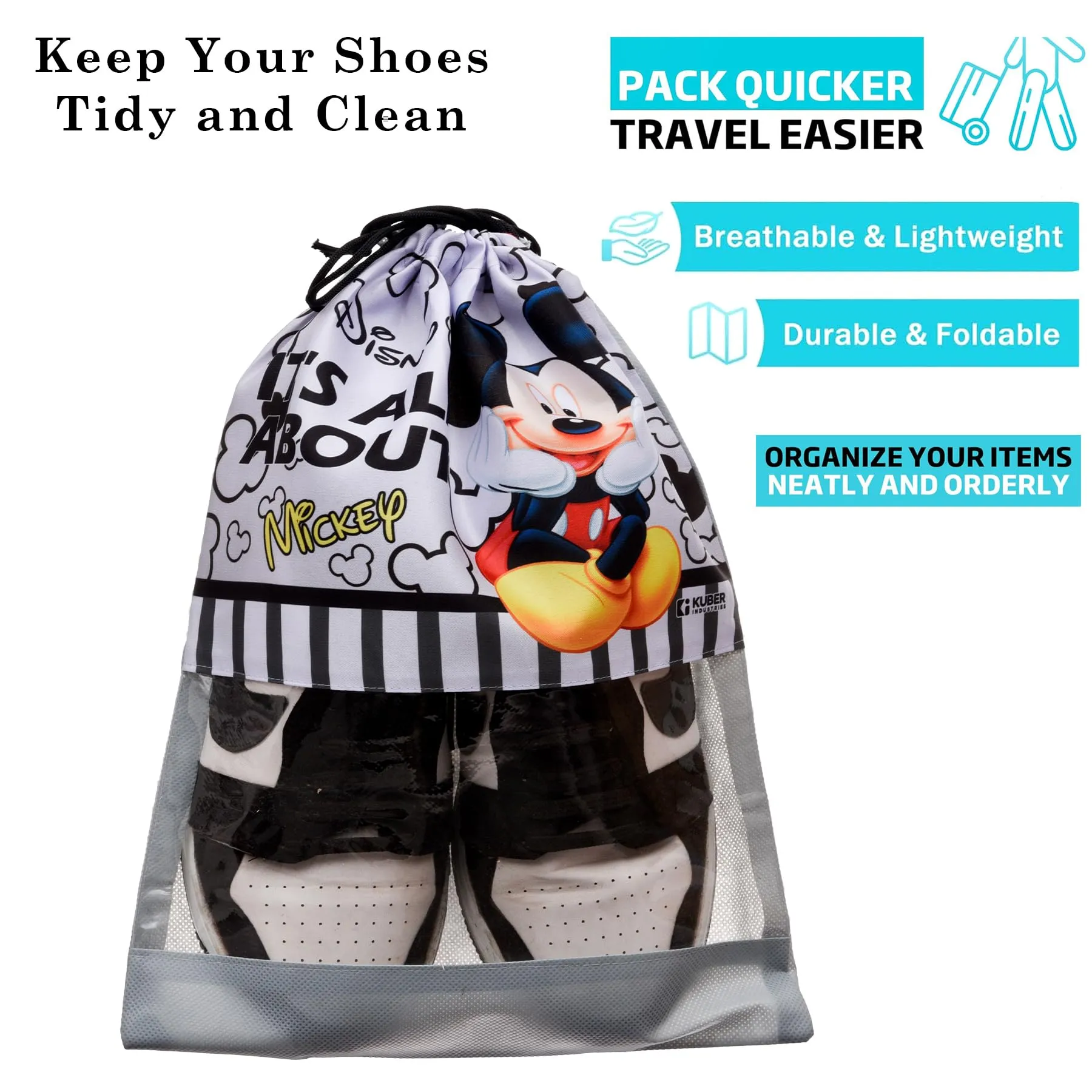 Kuber Industries Disney Mickey Shoe Cover | Travel Shoe Storage Bags | Polyester Storage Bag | Drawstring Shoe Cover | Shoe Organizer with Clear Window | Pack of 6 | Gray