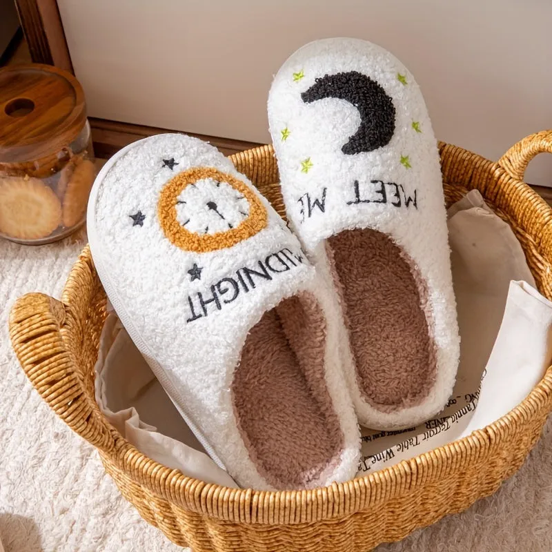 Letter & Moon Plush Home Slippers, Soft Sole Indoor Warm Lined Shoes, Non-slip Floor Cozy Shoes