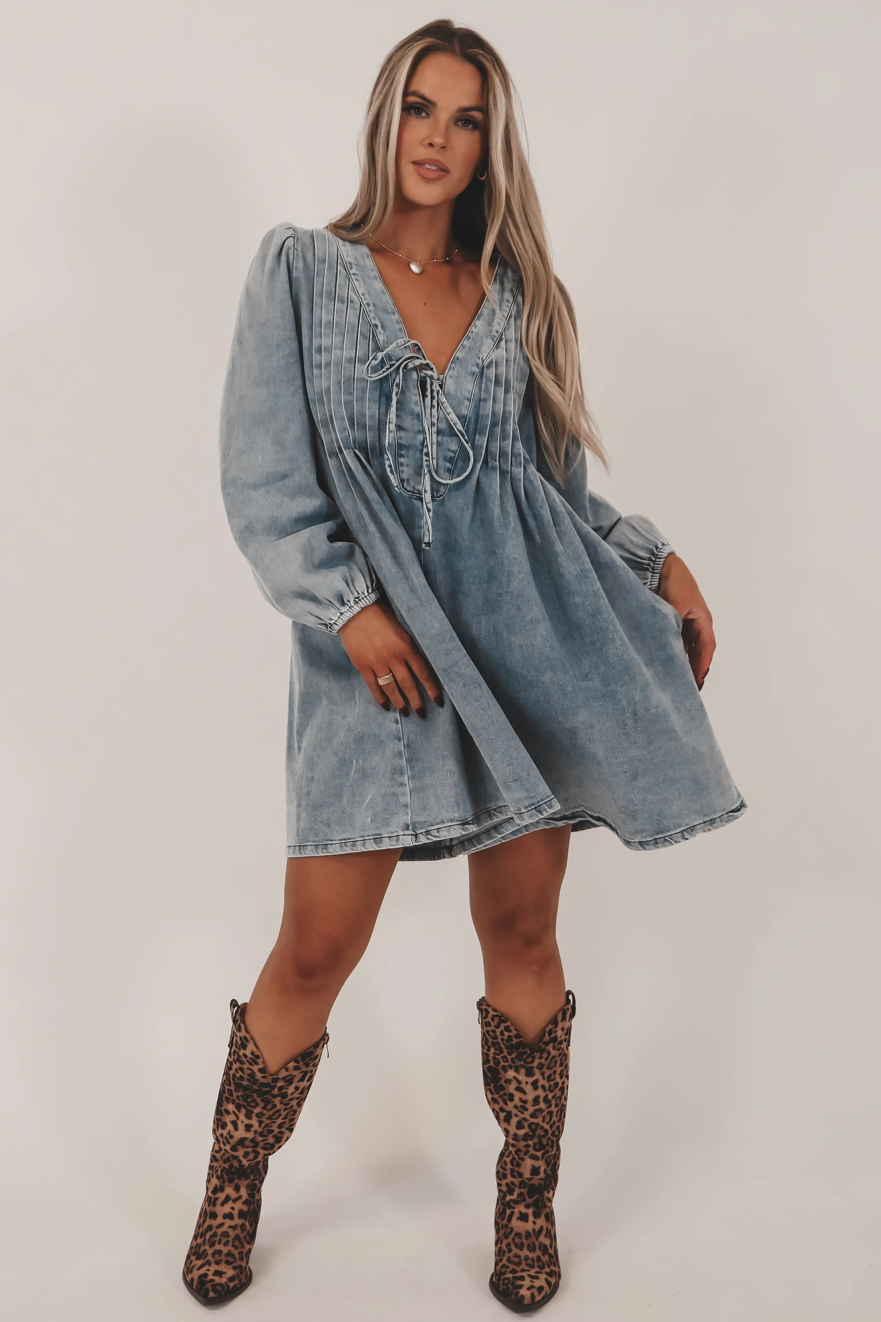 Living For This Look Long Sleeve Denim Romper Dress