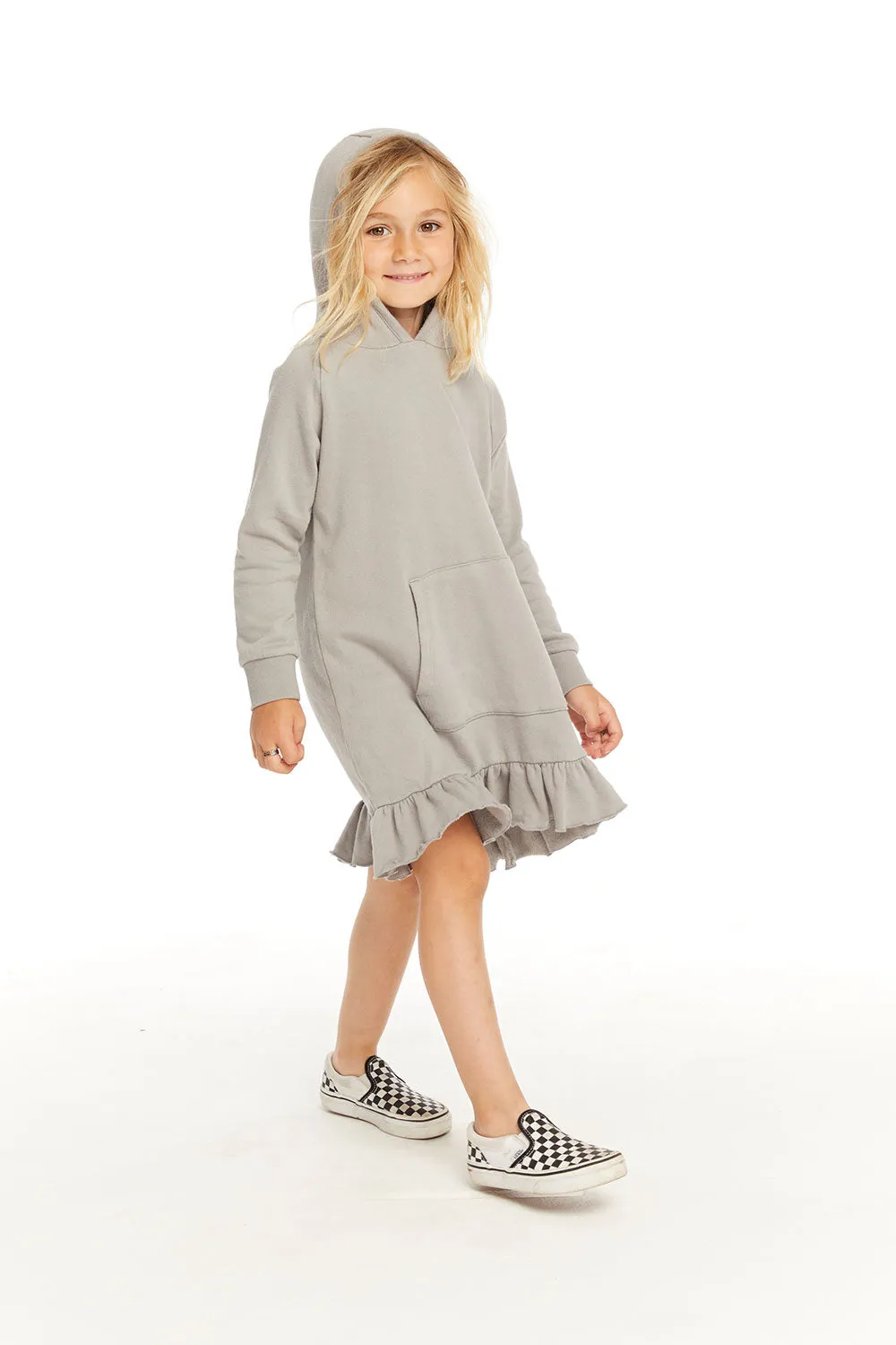 Long Sleeve Gravel Grey Hooded Ruffle Hem Dress