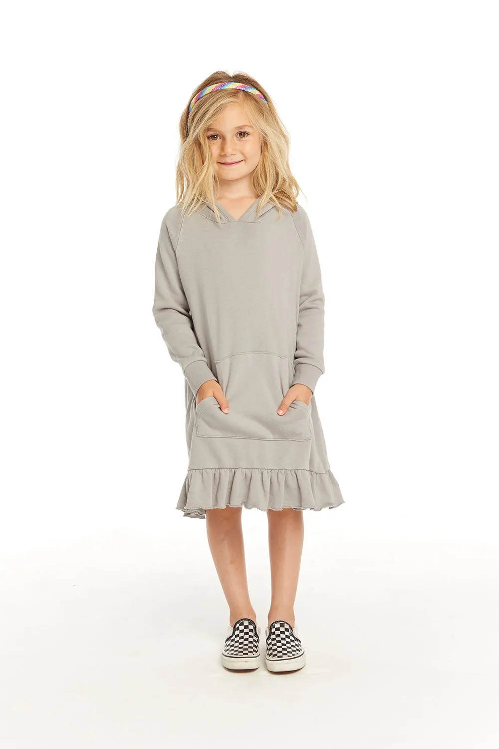 Long Sleeve Gravel Grey Hooded Ruffle Hem Dress