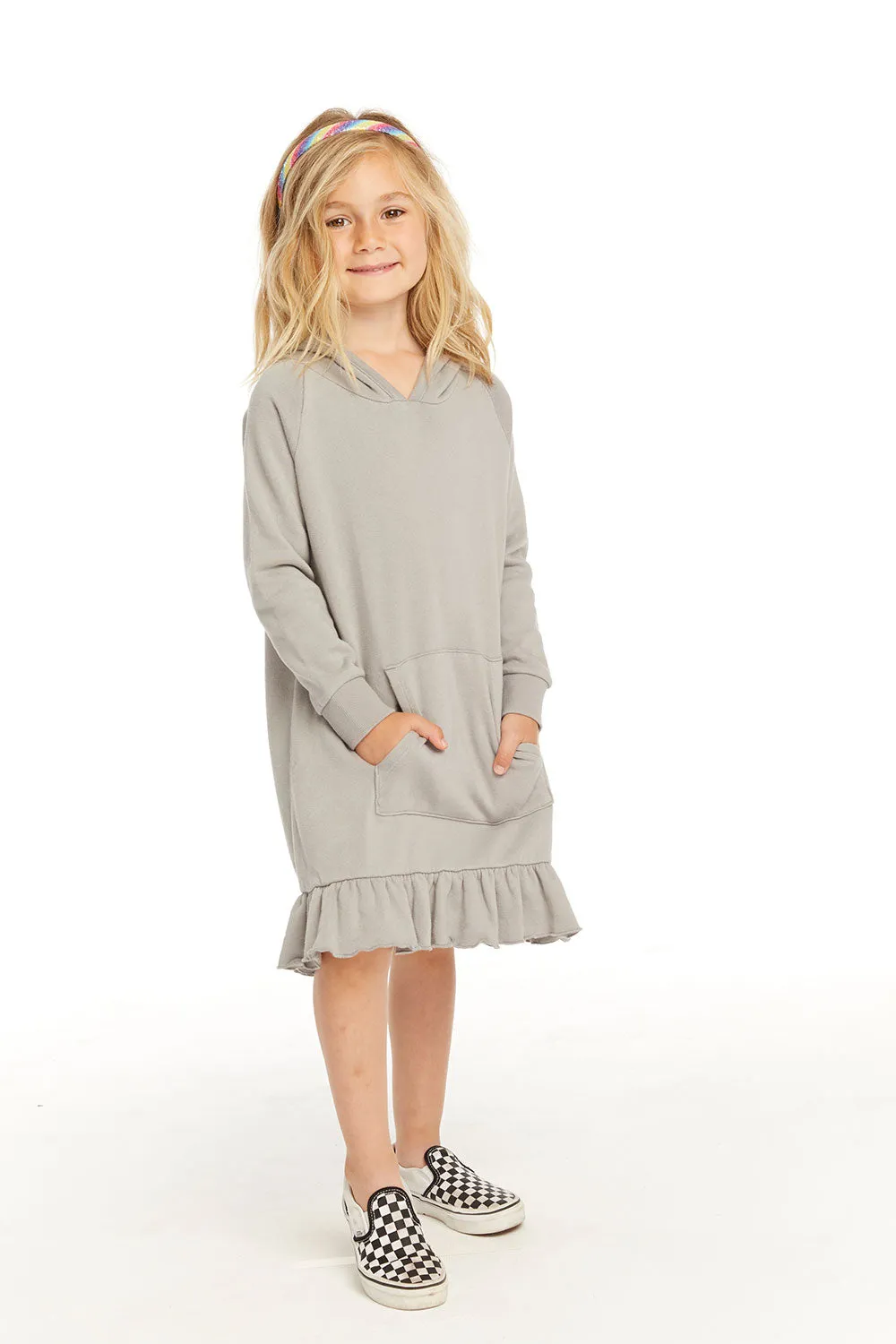 Long Sleeve Gravel Grey Hooded Ruffle Hem Dress