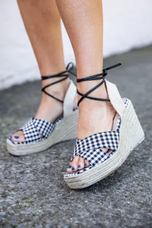 Margot Gingham Black Square Toe Espadrille Wedges FINAL SALE