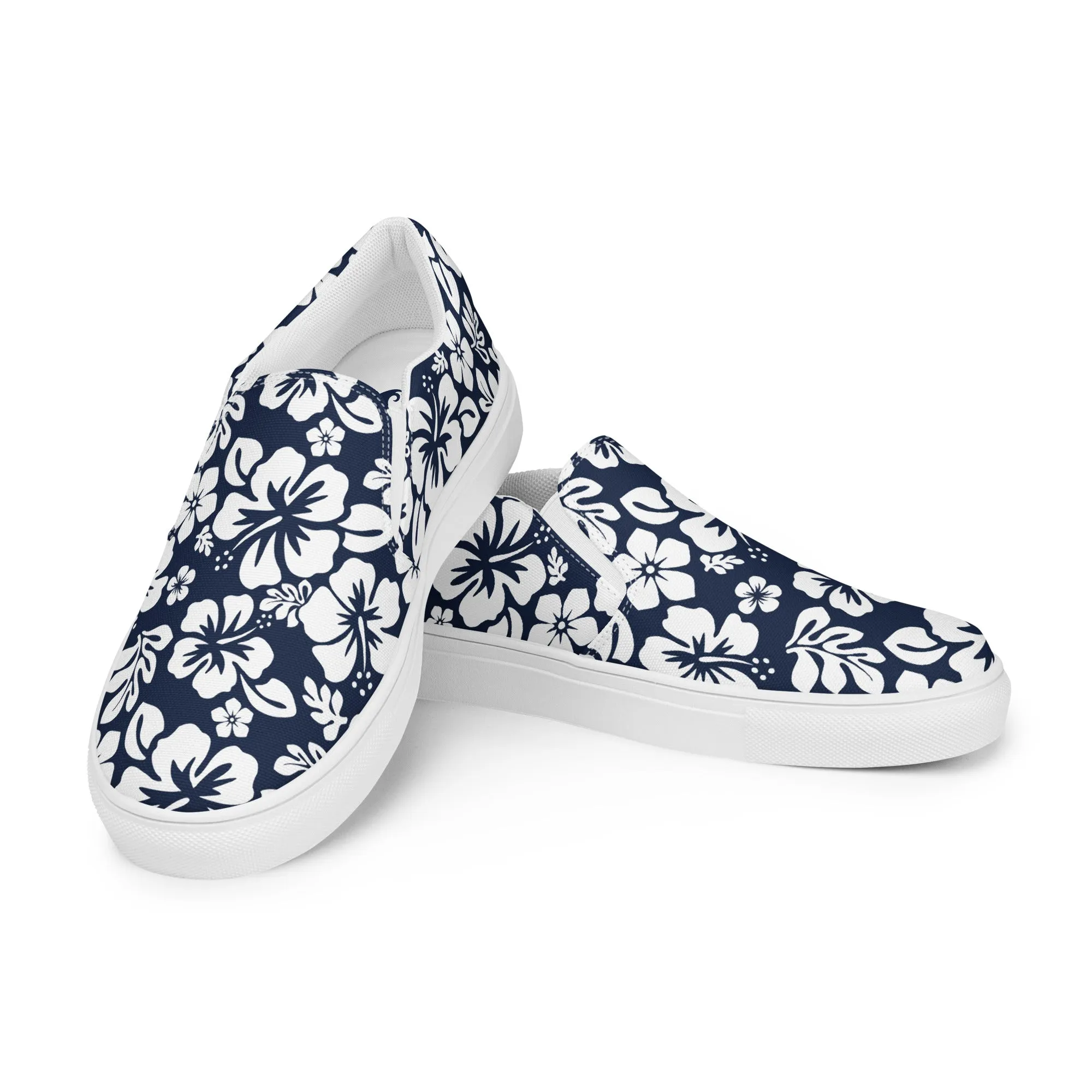 Navy Blue and White Hawaiian Flowers Women's Slip On Canvas Shoes