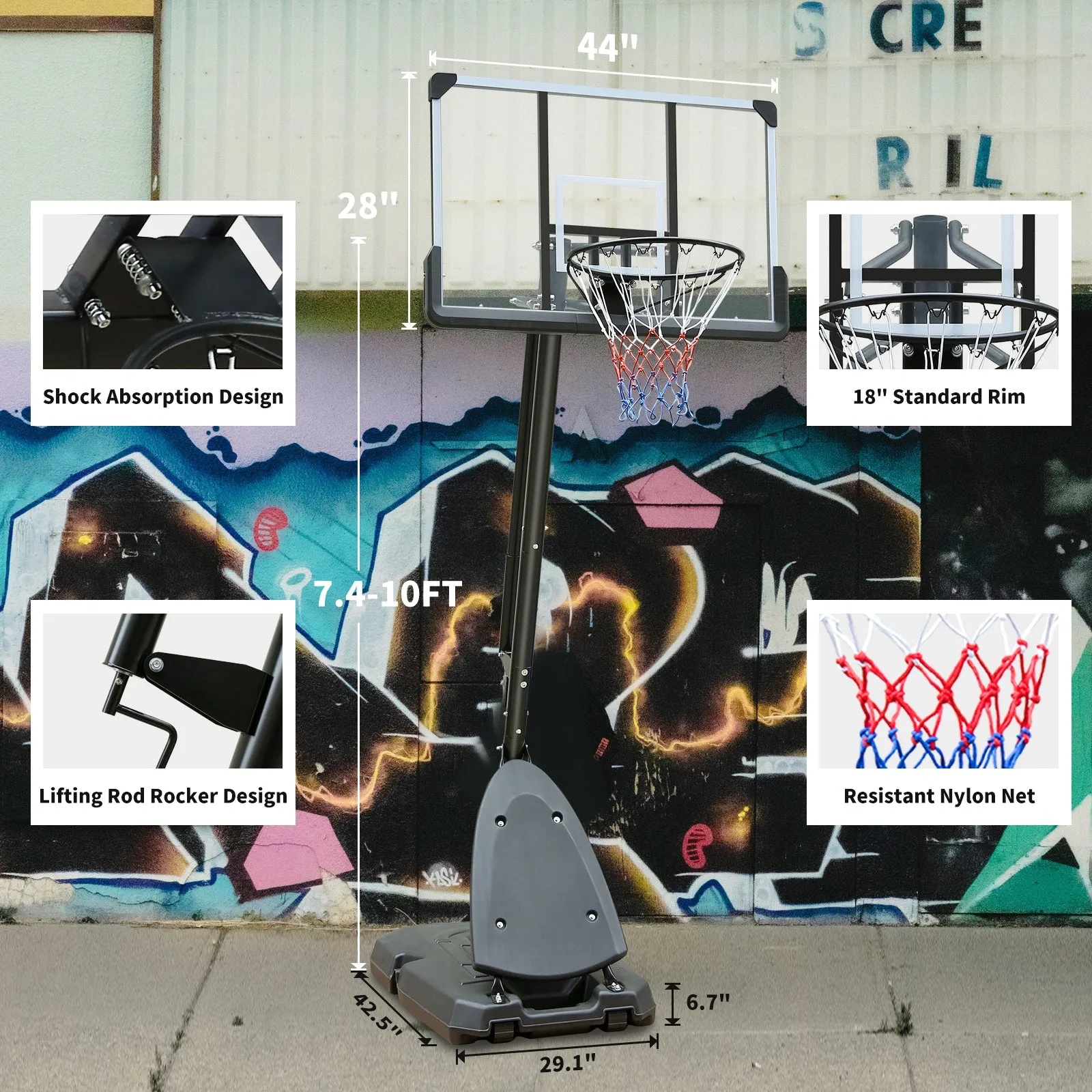 Outdoor Height Adjustable 7.5 to 10ft Basketball Hoop 44 Inch Backboard Portable Basketball Goal System with Stable Base and Wheels