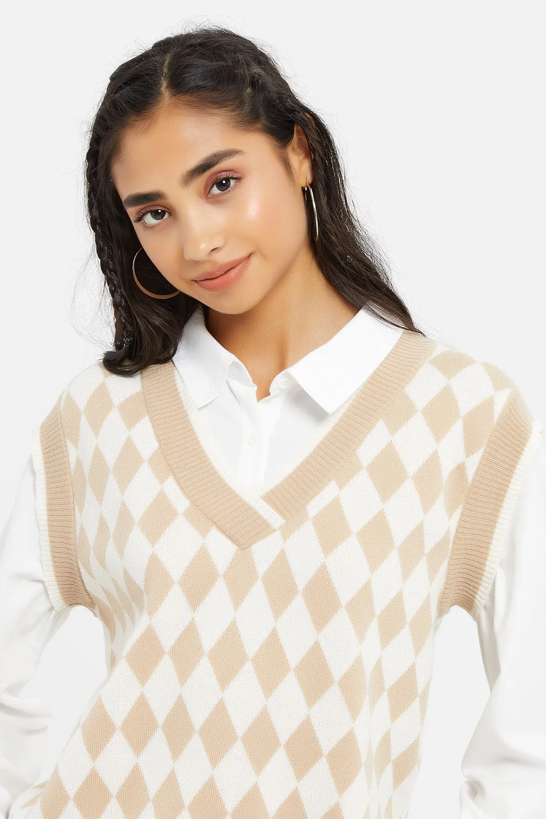 Senior Girls Beige And White Shirt With Vest Pullover