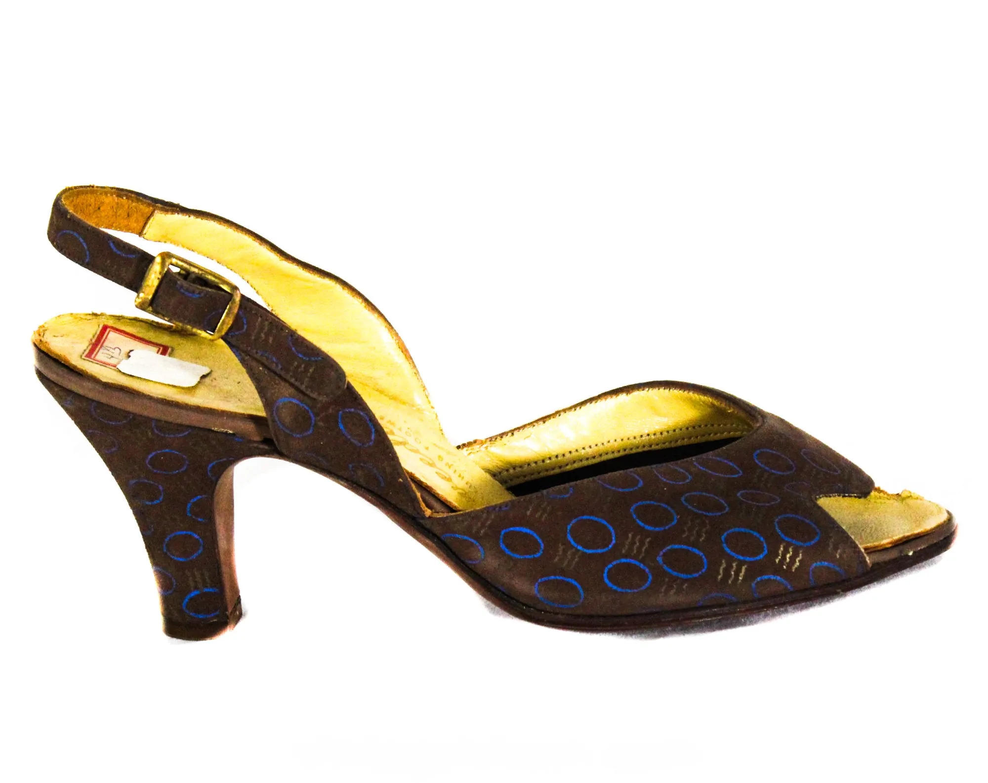 Size 4 Art Deco Shoes - Unworn 1940s Brown & Blue Low Heels with Metallic Gold Print - 40s Small Size Pumps - Two-Tone Leather - Deadstock