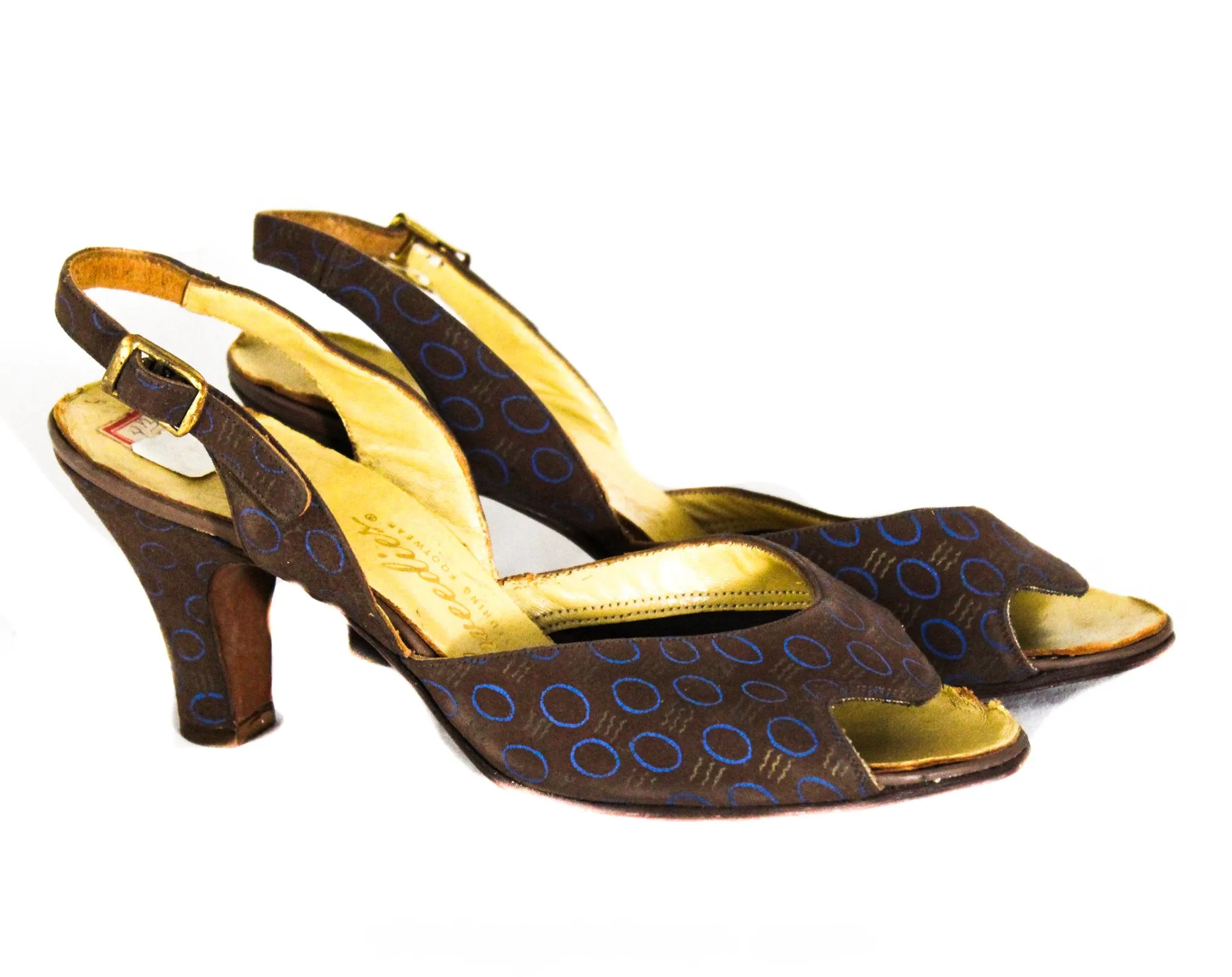 Size 4 Art Deco Shoes - Unworn 1940s Brown & Blue Low Heels with Metallic Gold Print - 40s Small Size Pumps - Two-Tone Leather - Deadstock