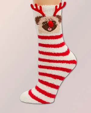 Striped Pug Fuzzy Christmas Socks