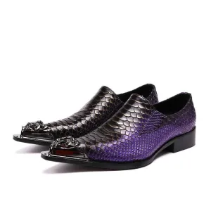 Stylish Purple Leather Crocodile Design Shoes with Metal Toe Caps