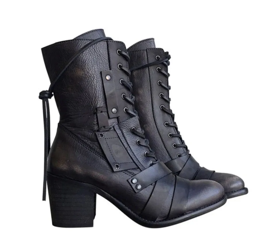 Uniwim Christmas Gifts Thick High Heel Lace-up Leather Strapped Boots