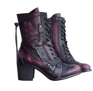 Uniwim Christmas Gifts Thick High Heel Lace-up Leather Strapped Boots