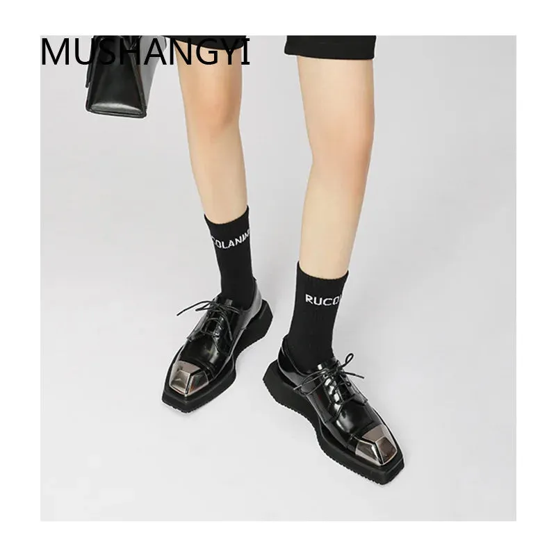 Uniwim New Original Design Iron Toe Heightened Lacing Square Toe Retro British Style Thick Sole Derby Fashion Street Leather Shoes