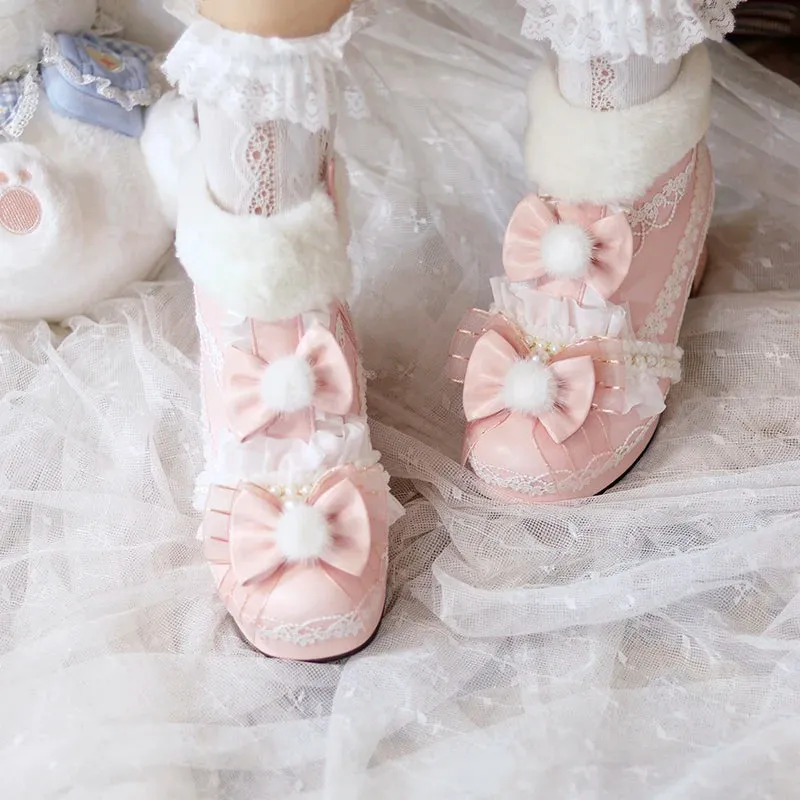 Uniwim Original Lolita Cute Plush Ball Plush Warm Short Boots Lolita Shoes Sweet PU Girls' Shoes