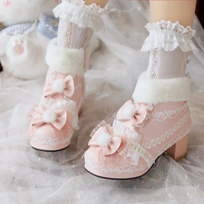 Uniwim Original Lolita Cute Plush Ball Plush Warm Short Boots Lolita Shoes Sweet PU Girls' Shoes