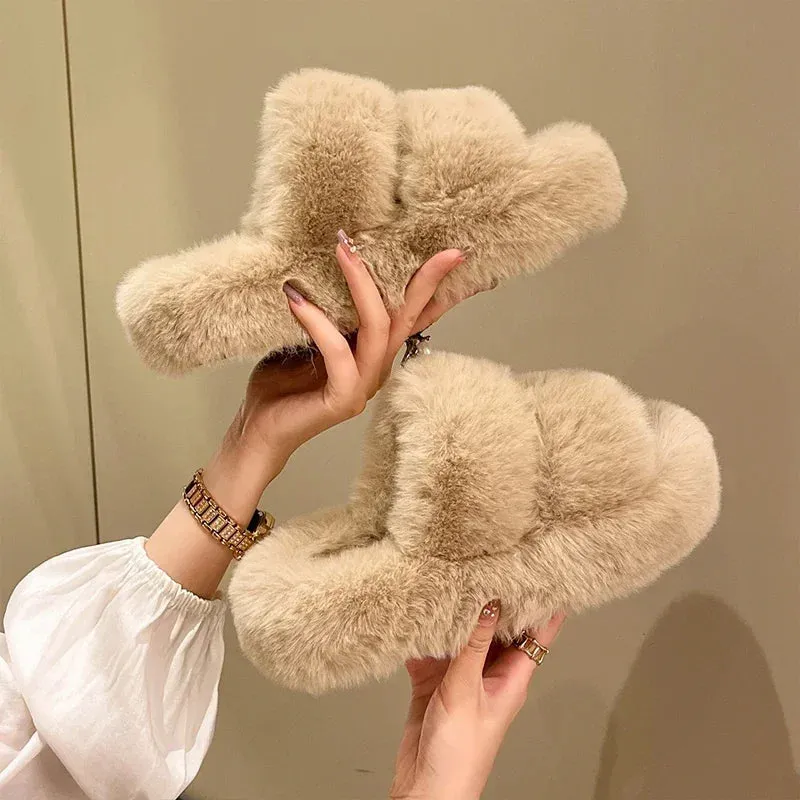 Uniwim Winter Fluffy Slippers Women 2024 New House Home Fur Slippers For Women Flat Platform Cozy Fuzzy Indoor Shoes Korean Slides