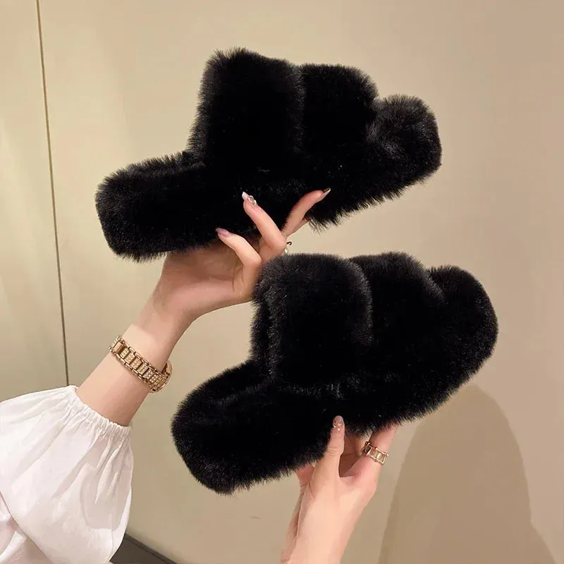 Uniwim Winter Fluffy Slippers Women 2024 New House Home Fur Slippers For Women Flat Platform Cozy Fuzzy Indoor Shoes Korean Slides