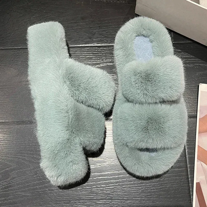 Uniwim Winter Fluffy Slippers Women 2024 New House Home Fur Slippers For Women Flat Platform Cozy Fuzzy Indoor Shoes Korean Slides