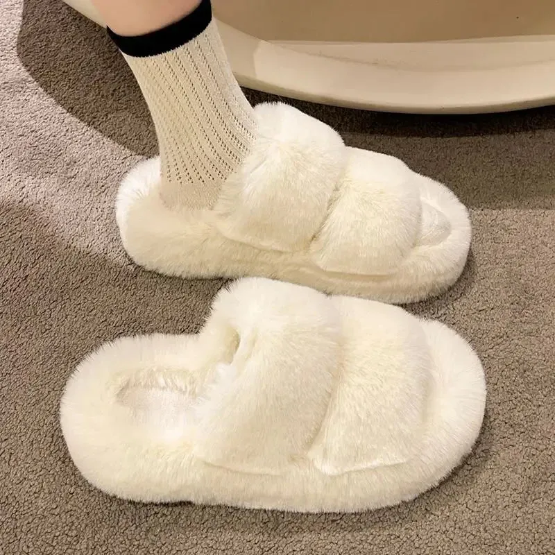 Uniwim Winter Fluffy Slippers Women 2024 New House Home Fur Slippers For Women Flat Platform Cozy Fuzzy Indoor Shoes Korean Slides