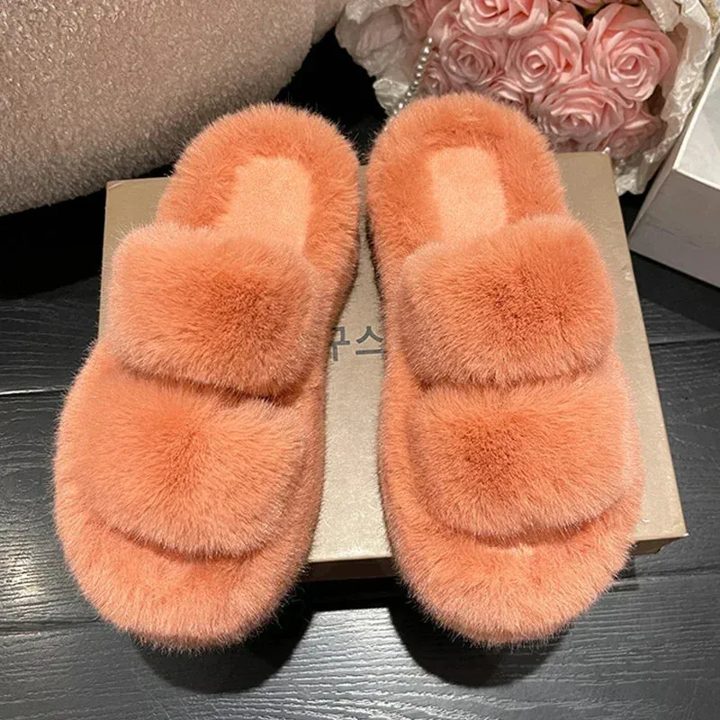 Uniwim Winter Fluffy Slippers Women 2024 New House Home Fur Slippers For Women Flat Platform Cozy Fuzzy Indoor Shoes Korean Slides