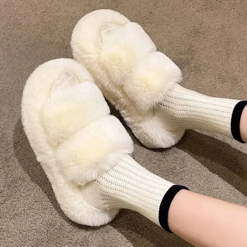 Uniwim Winter Fluffy Slippers Women 2024 New House Home Fur Slippers For Women Flat Platform Cozy Fuzzy Indoor Shoes Korean Slides