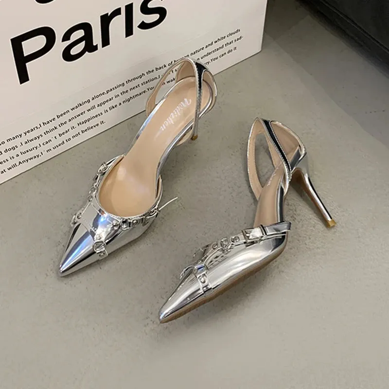 Uniwim Y2K Silver High Heels Sandals Women Summer 2024 Punk Goth Pointed Toe Party Shoes Woman Metallic Thin Heeled Dress Pumps Ladies