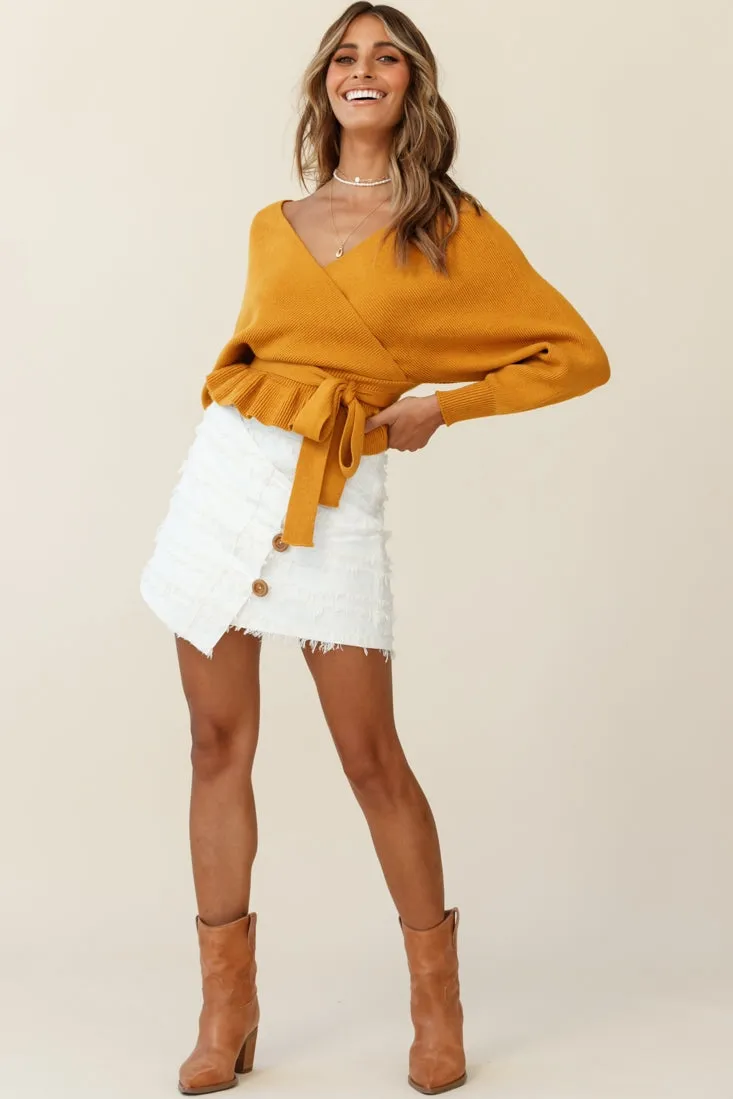 Venetian Faux Placket Frayed Wrap Mini Skirt White