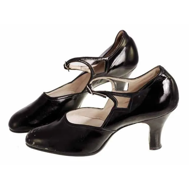 Vintage Black Mary Janes Style Heels Patent Leather Shoes 1920 NIB#18 Sizes 6 and 6.5