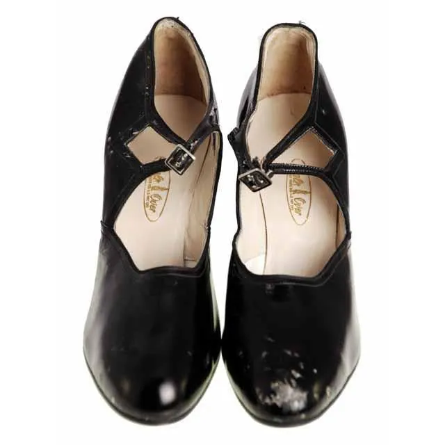 Vintage Black Mary Janes Style Heels Patent Leather Shoes 1920 NIB#18 Sizes 6 and 6.5