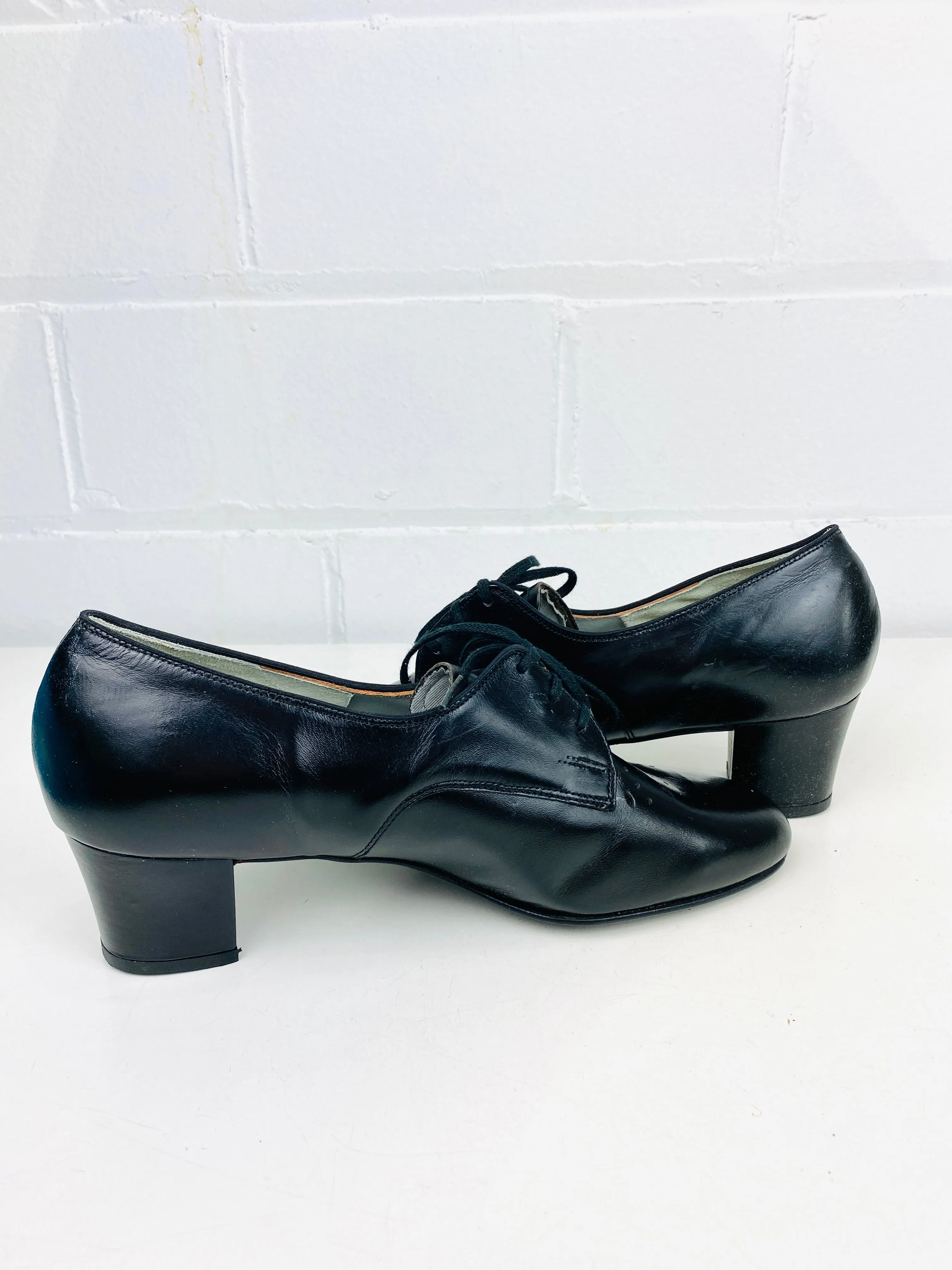 Vintage Deadstock Shoes, Women's 1980s Black Leather Cuban Heel Oxfords, NOS, 7995