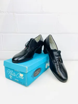 Vintage Deadstock Shoes, Women's 1980s Black Leather Cuban Heel Oxfords, NOS, 7995