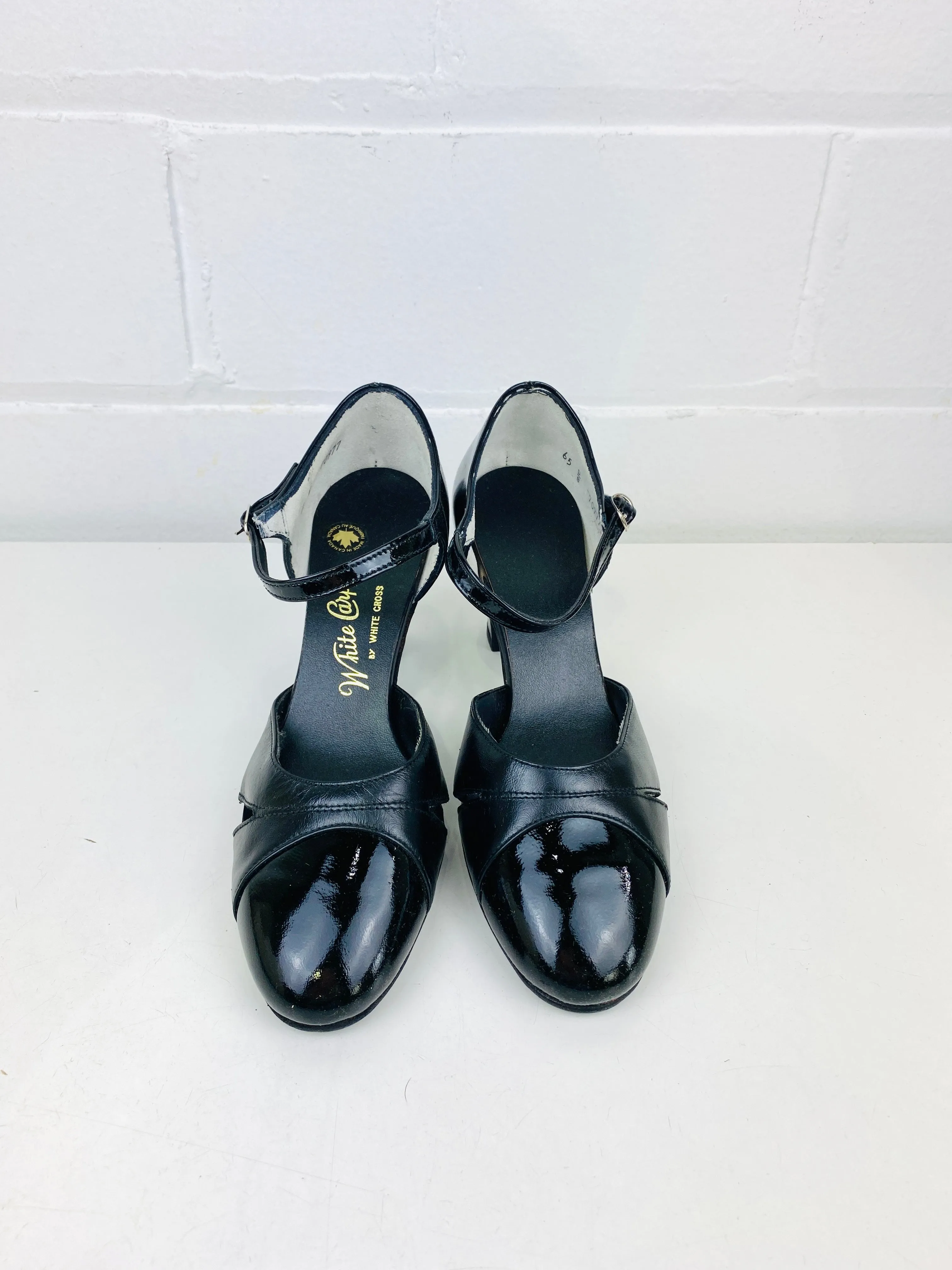 Vintage Deadstock Shoes, Women's 1980s Black Leather Mid-Heel Sandals, NOS, 7489