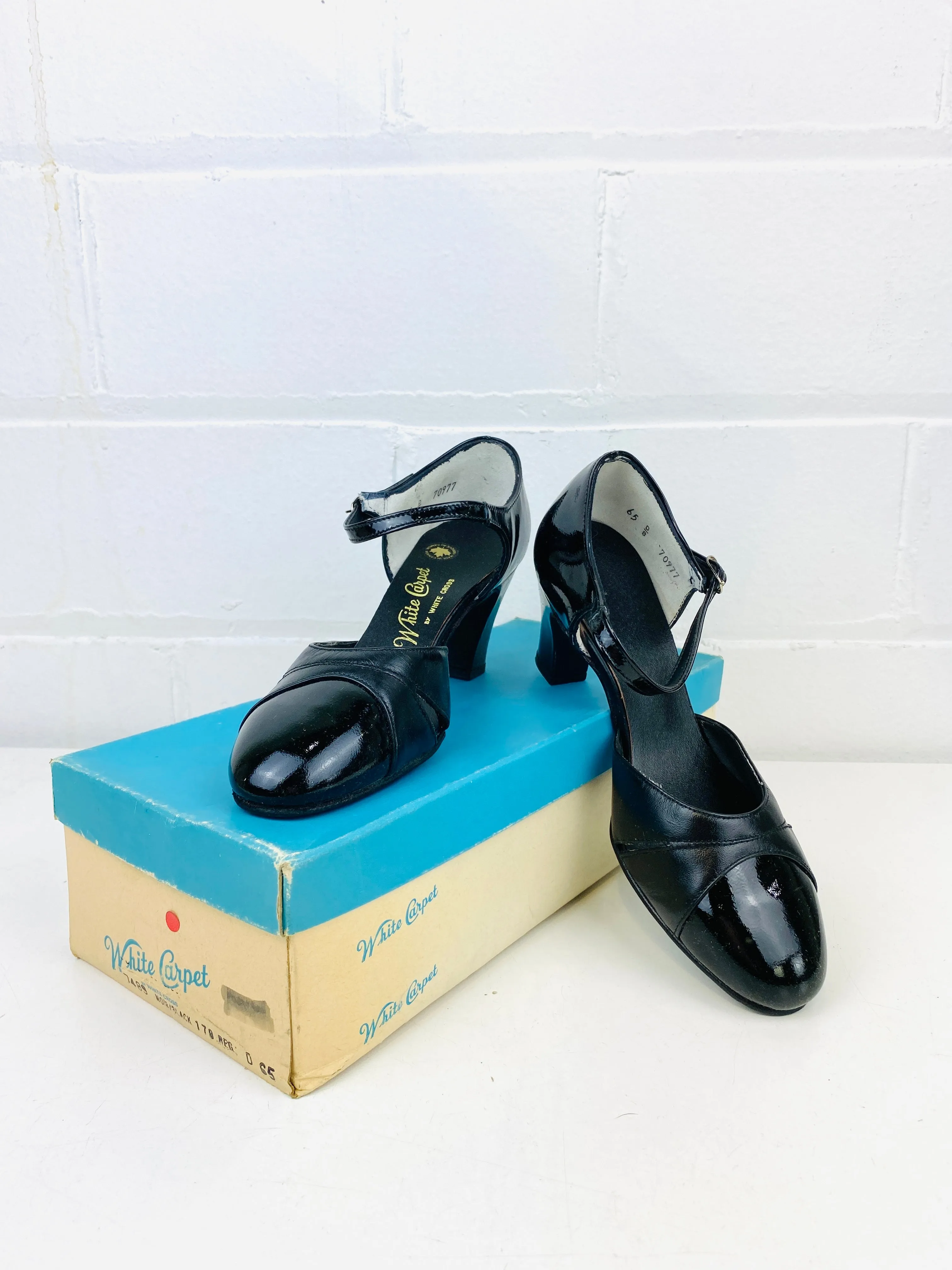 Vintage Deadstock Shoes, Women's 1980s Black Leather Mid-Heel Sandals, NOS, 7489