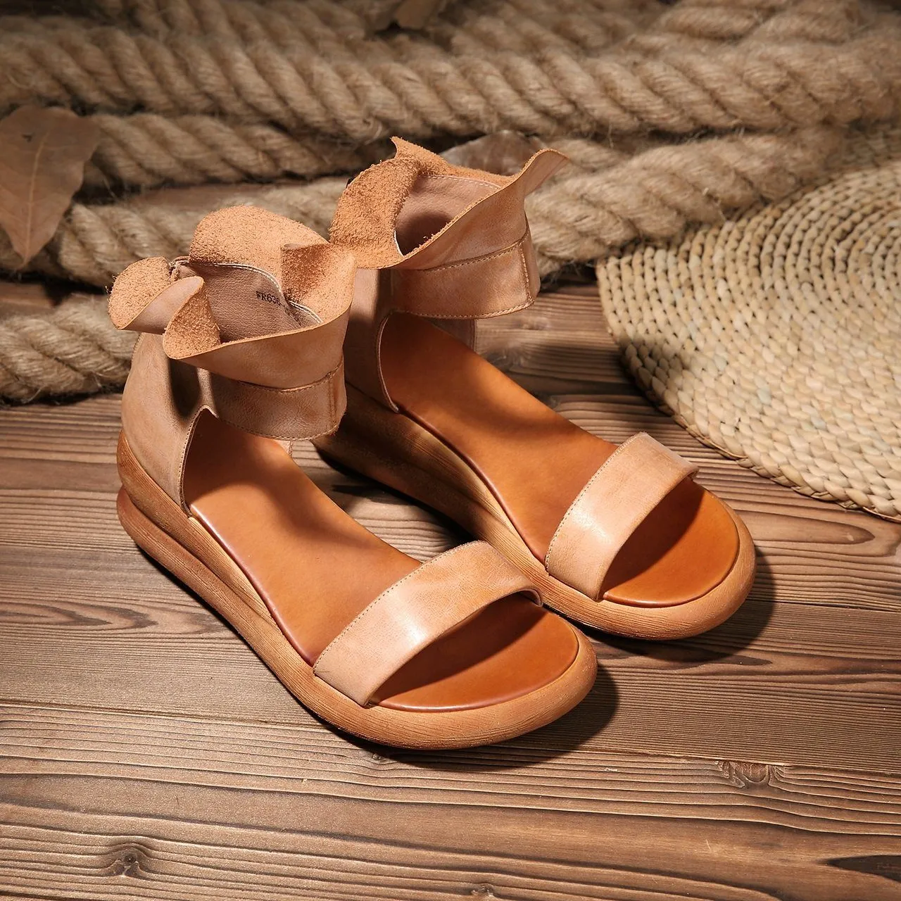 Wedge Sandals Soft Full Grain Leather Wrap Ankle Zip Up Summer Sandals