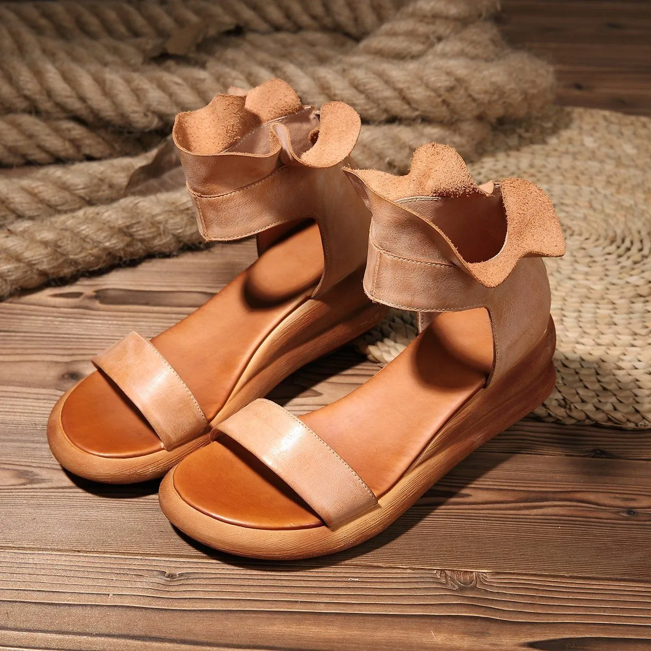 Wedge Sandals Soft Full Grain Leather Wrap Ankle Zip Up Summer Sandals