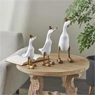 White Bamboo Wood Duck Sculpture with Brown Top Hats and Shoes