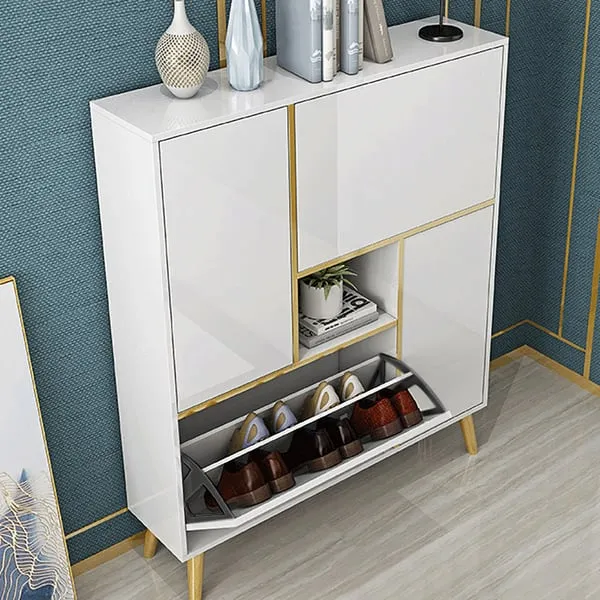 White Modern Shoe Storage Cabinet 17-Pair 2 Doors with Shelves & Pull-Down Drawers