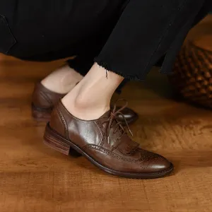 Women Wingtip Shoes Handmade Leather Full Brogues Oxfords & Tie Low Heel Elegant Coffee/Black