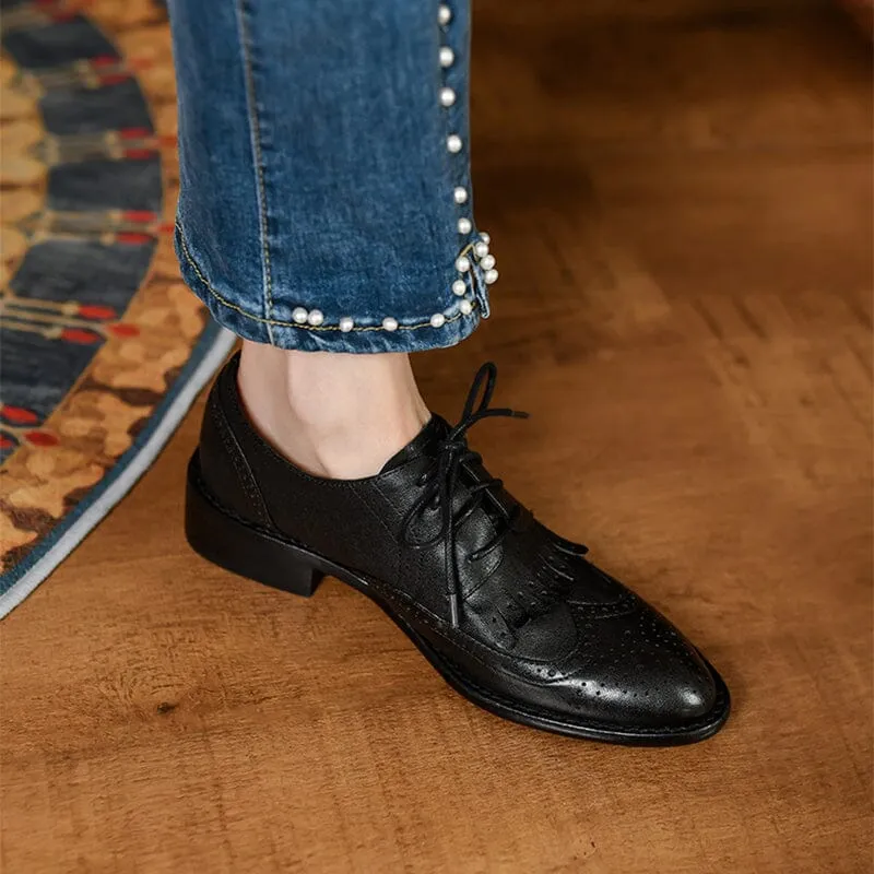 Women Wingtip Shoes Handmade Leather Full Brogues Oxfords & Tie Low Heel Elegant Coffee/Black