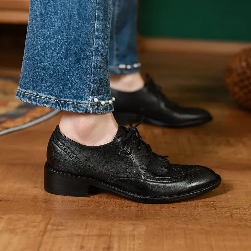 Women Wingtip Shoes Handmade Leather Full Brogues Oxfords & Tie Low Heel Elegant Coffee/Black