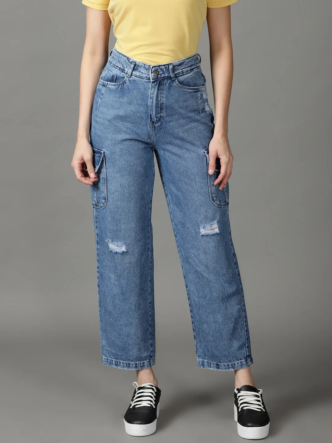 Women's Blue Solid Dad Fit Denim Jeans