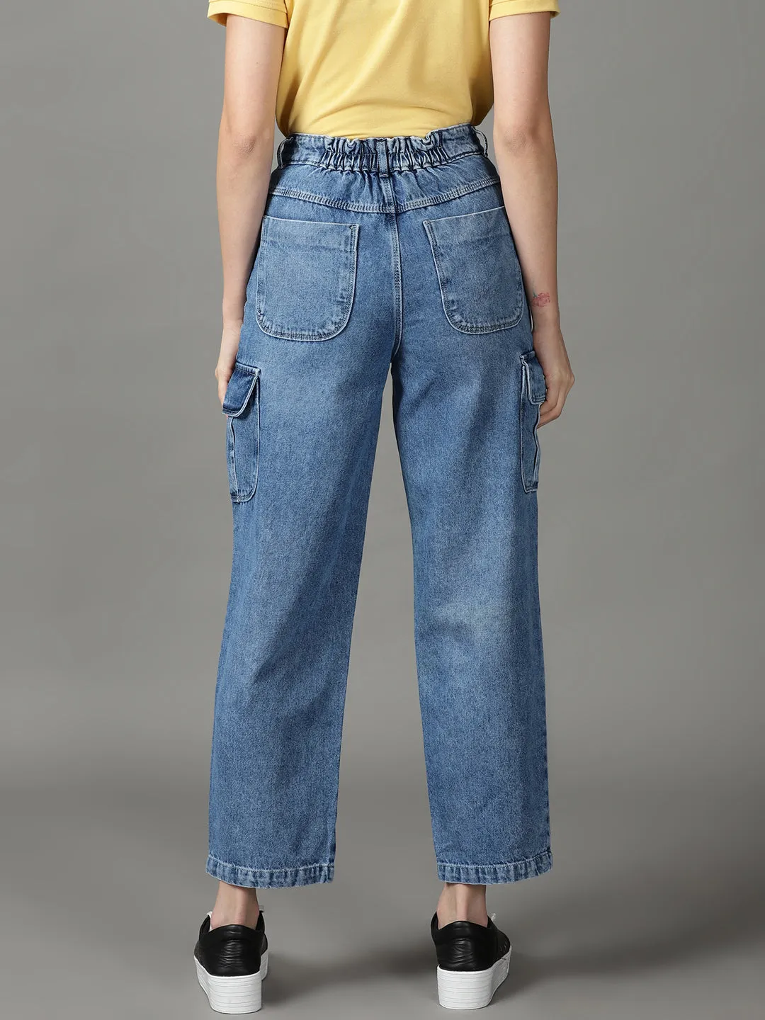 Women's Blue Solid Dad Fit Denim Jeans