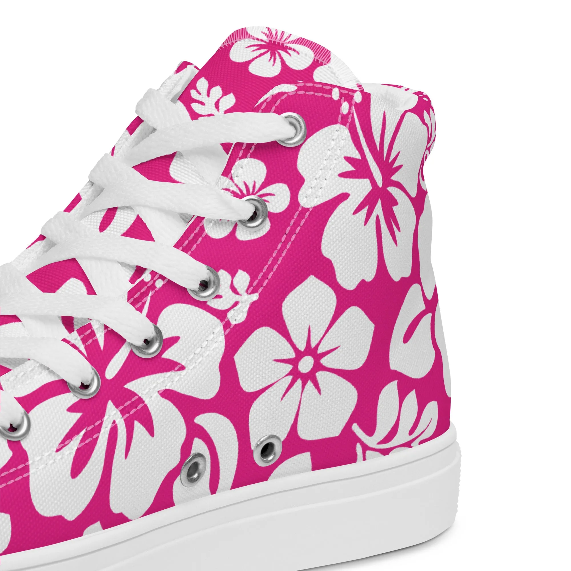 Women's Hot Pink and White Hawaiian Print High Top Canvas Shoes