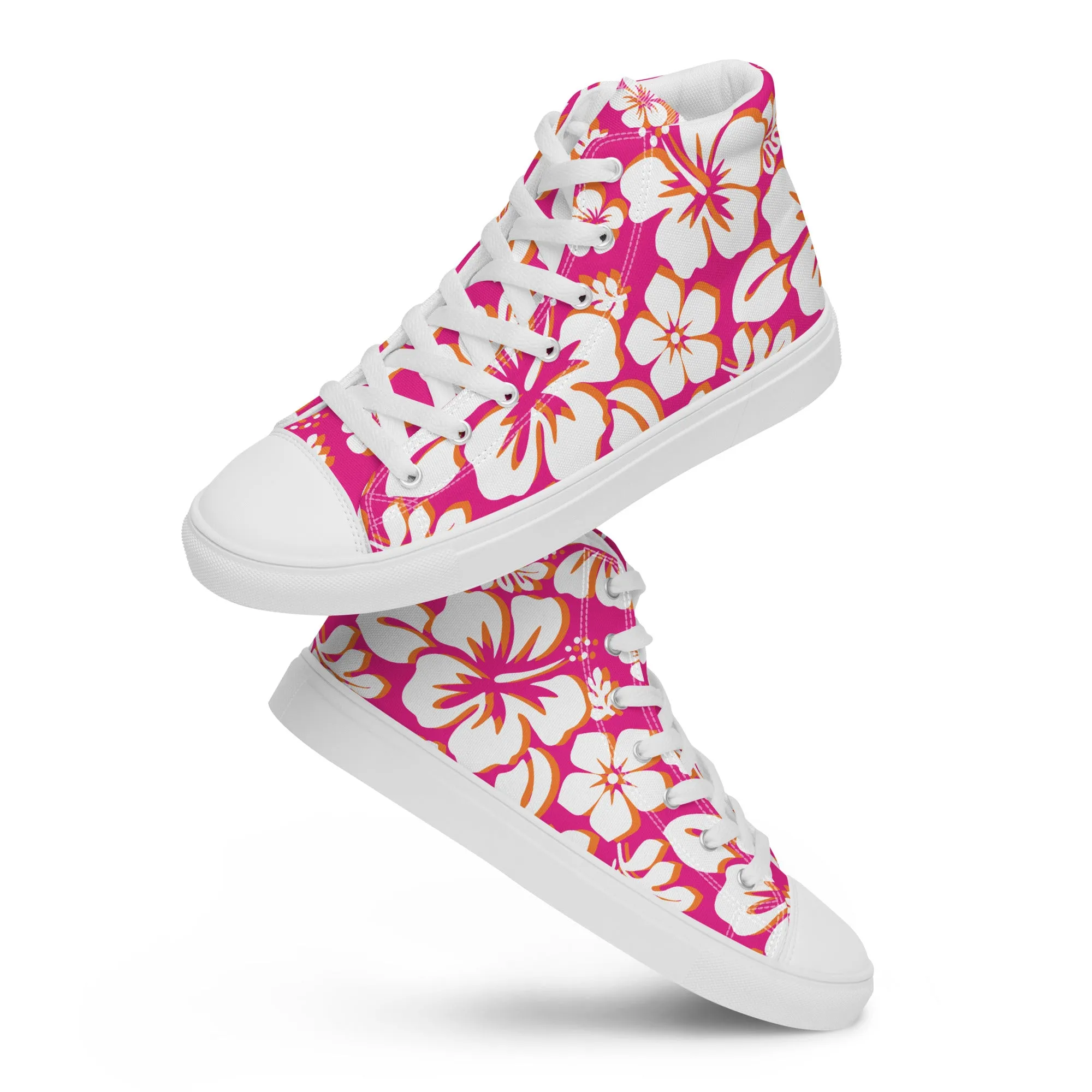 Women's Hot Pink, White and Orange Hawaiian Print  High Top Canvas Shoes