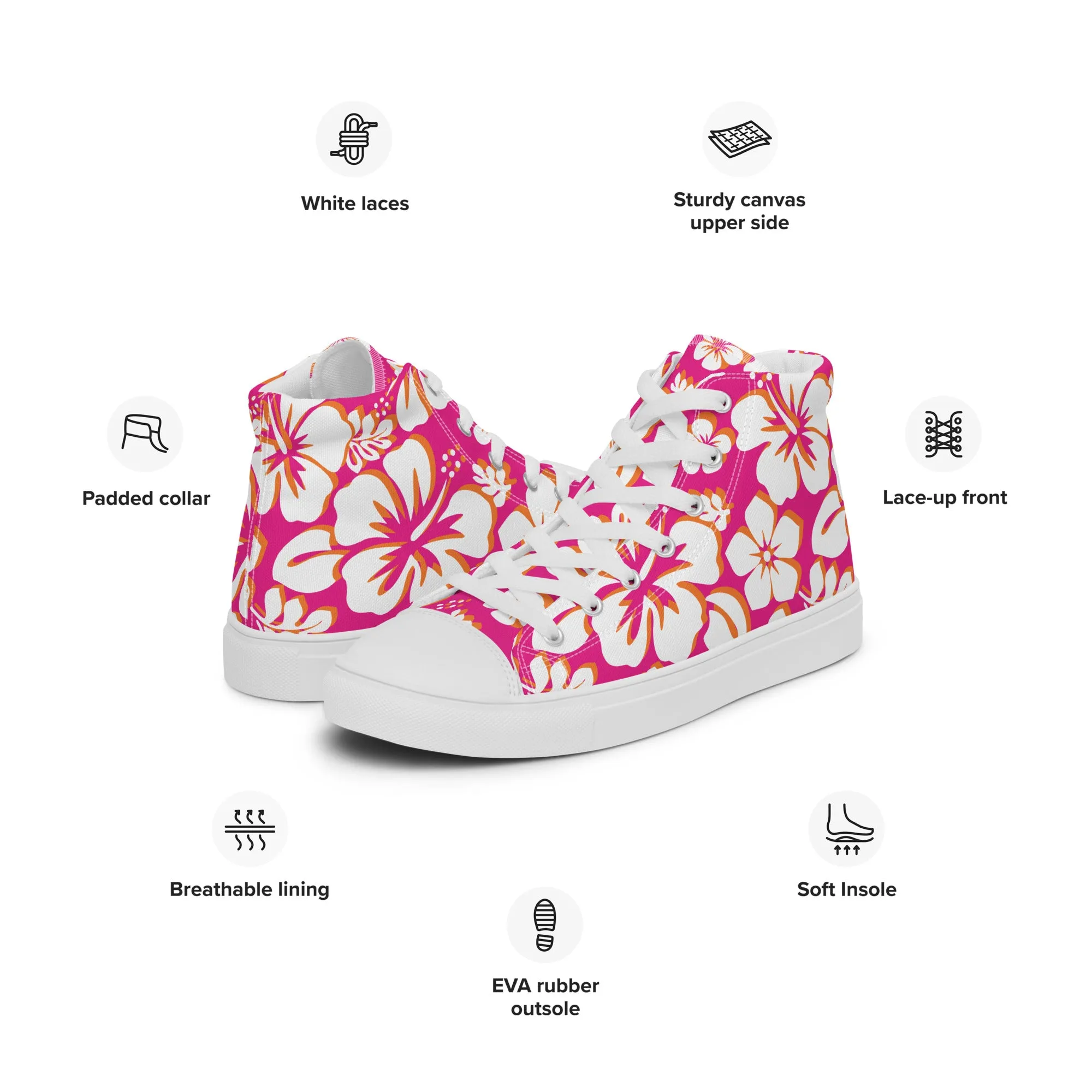 Women's Hot Pink, White and Orange Hawaiian Print  High Top Canvas Shoes