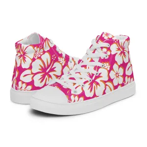 Women's Hot Pink, White and Orange Hawaiian Print  High Top Canvas Shoes