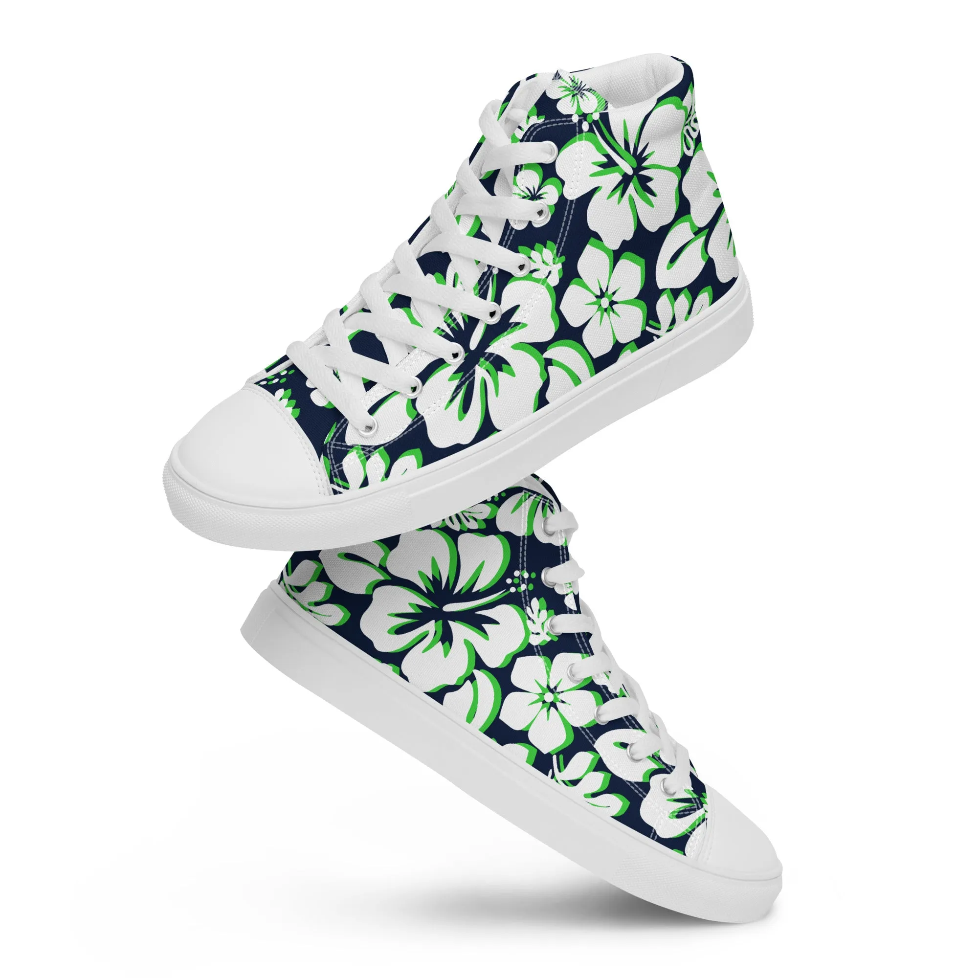 Women's Navy Blue, White and Lime Green Hawaiian Print High Top Canvas Shoes