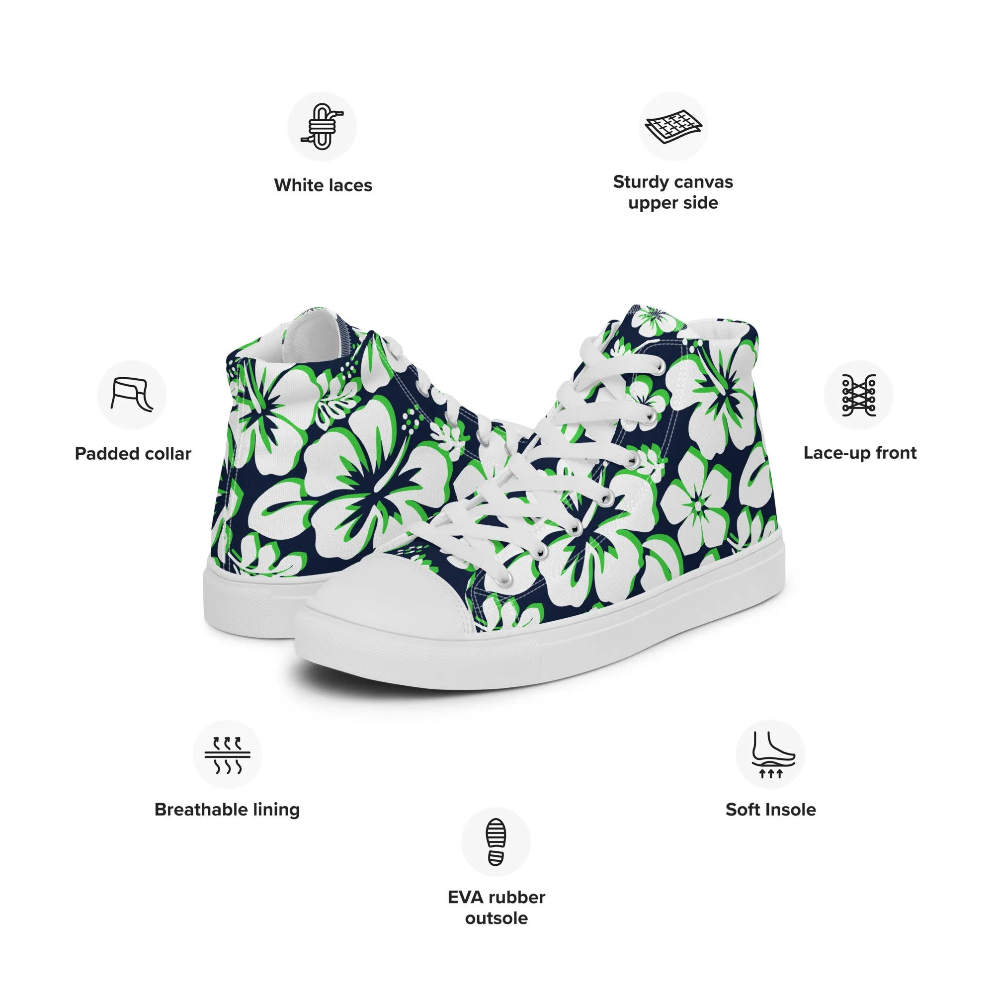 Women's Navy Blue, White and Lime Green Hawaiian Print High Top Canvas Shoes