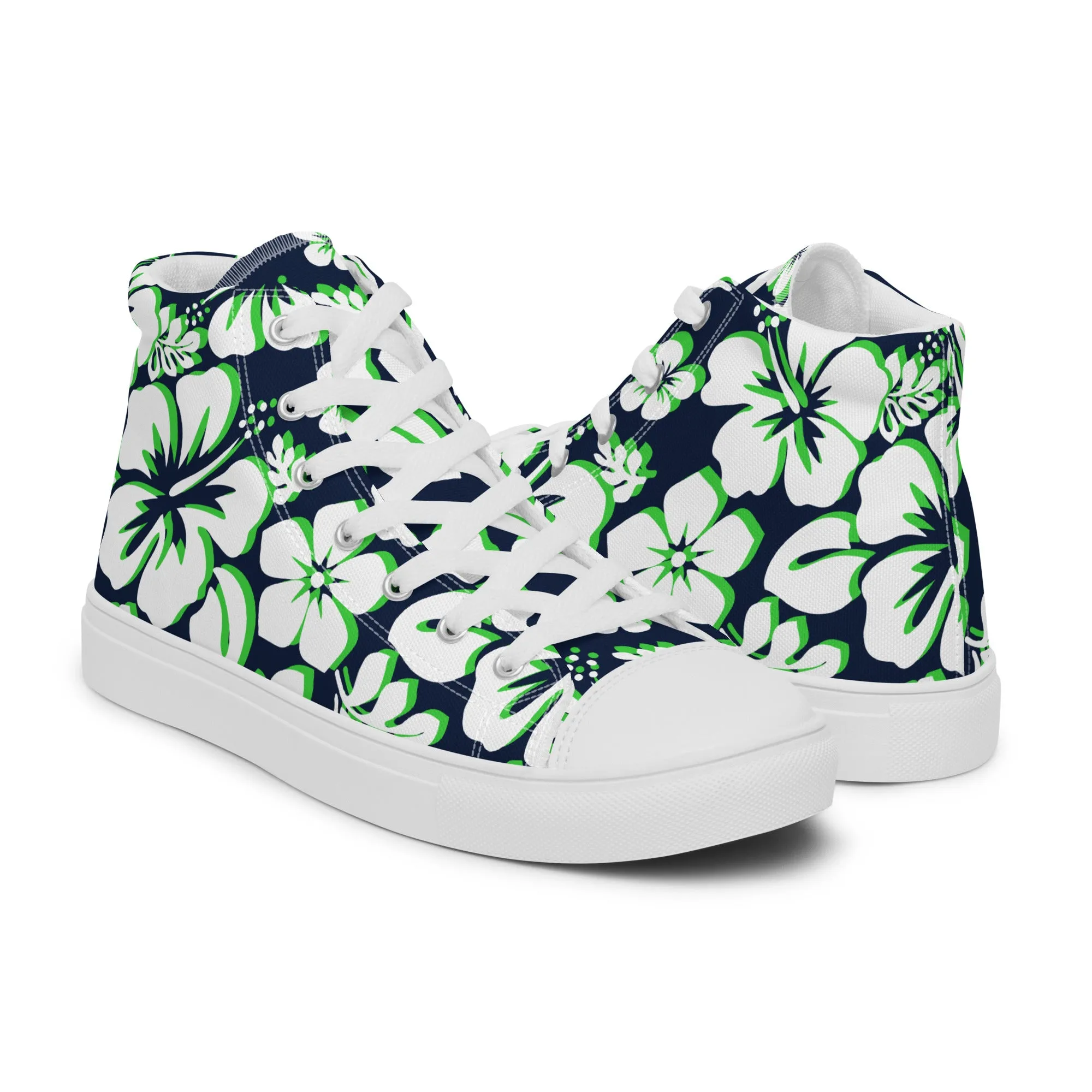 Women's Navy Blue, White and Lime Green Hawaiian Print High Top Canvas Shoes